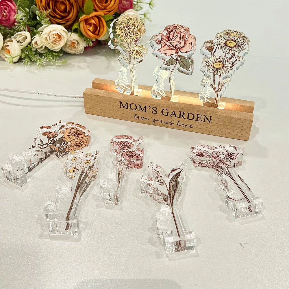 ✨Custom Birth Flower 3D Crystal Acrylic LED Light With Children's Names