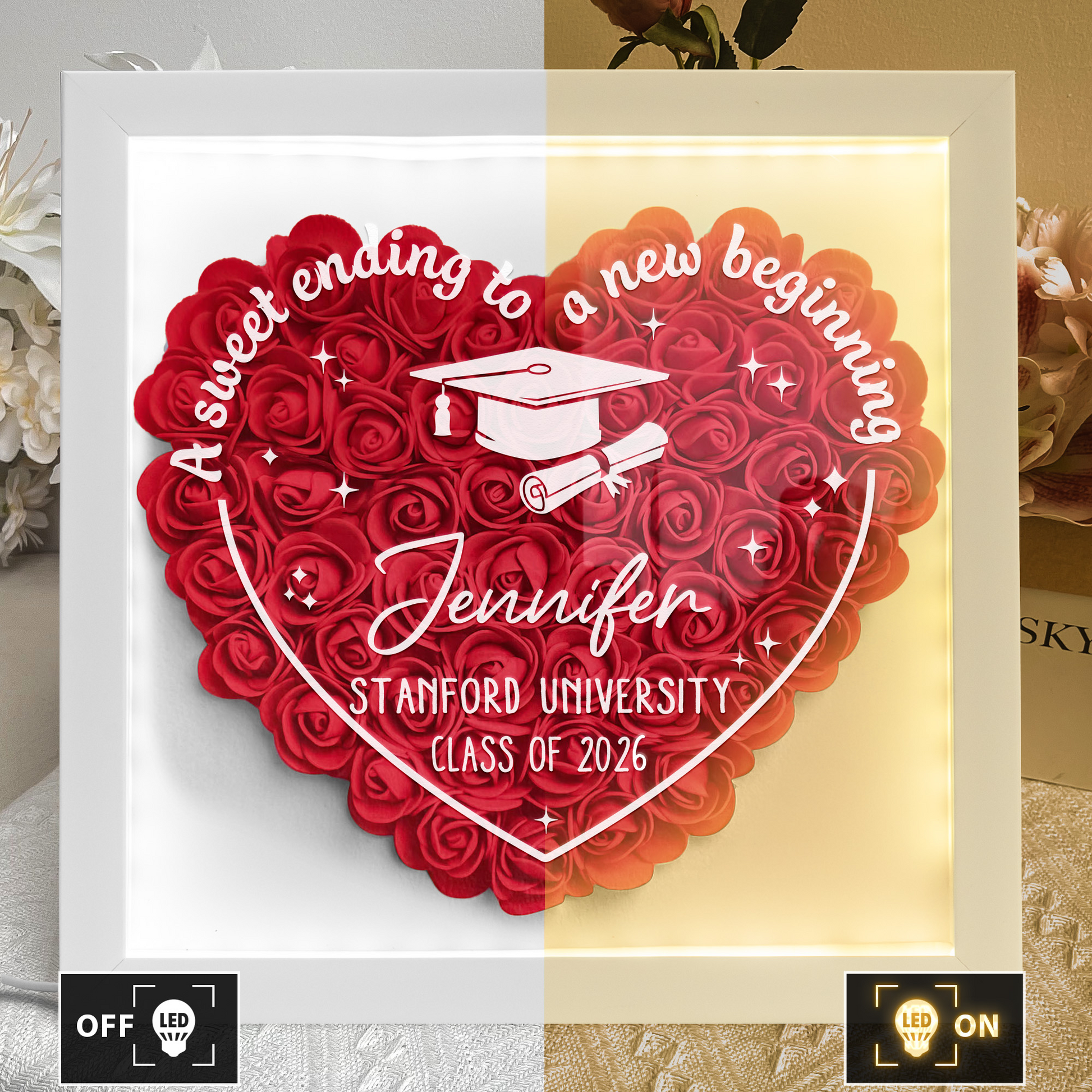 Sweet Ending To New Beginning-Personalized Flower Shadow Box With LED Light