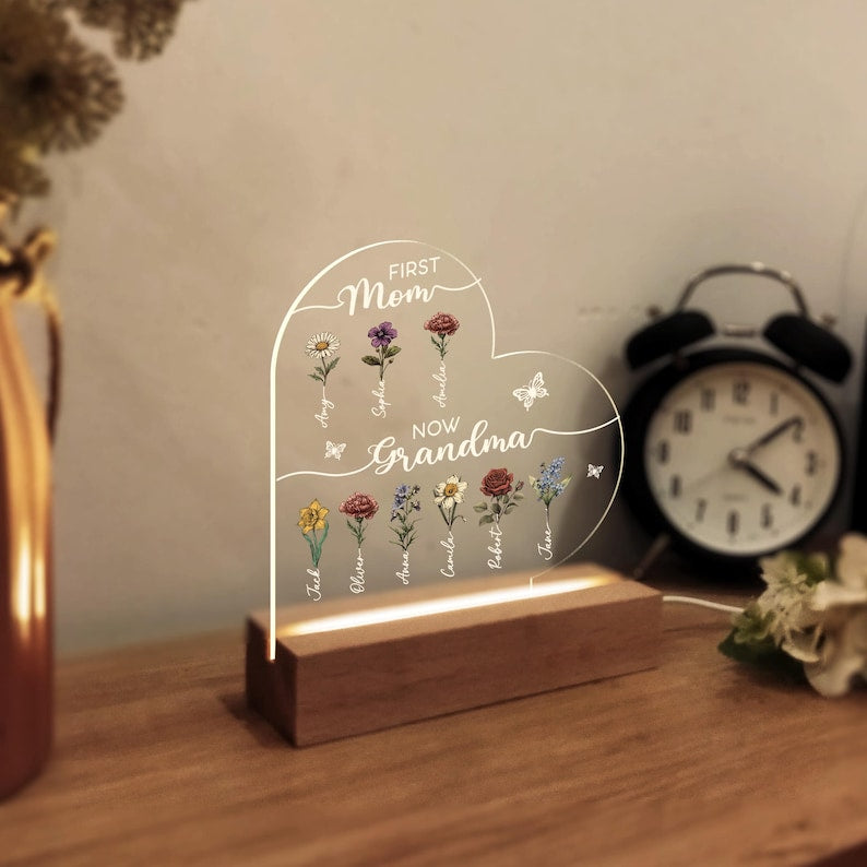 Custom First Mom Now Grandma Night Light,Personalised Birth Month Flower Lamp With Kids Names
