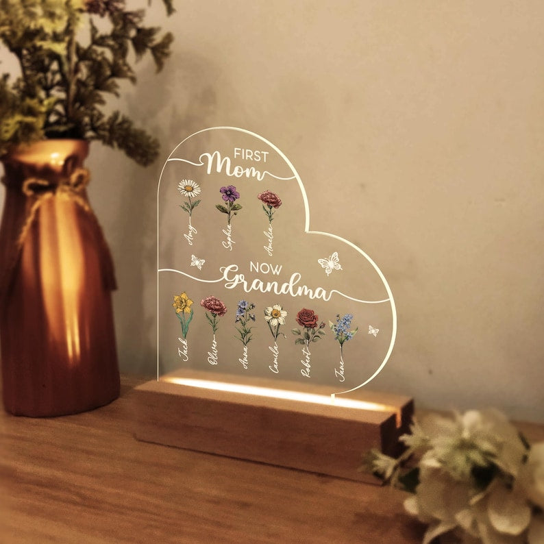 Custom First Mom Now Grandma Night Light,Personalised Birth Month Flower Lamp With Kids Names
