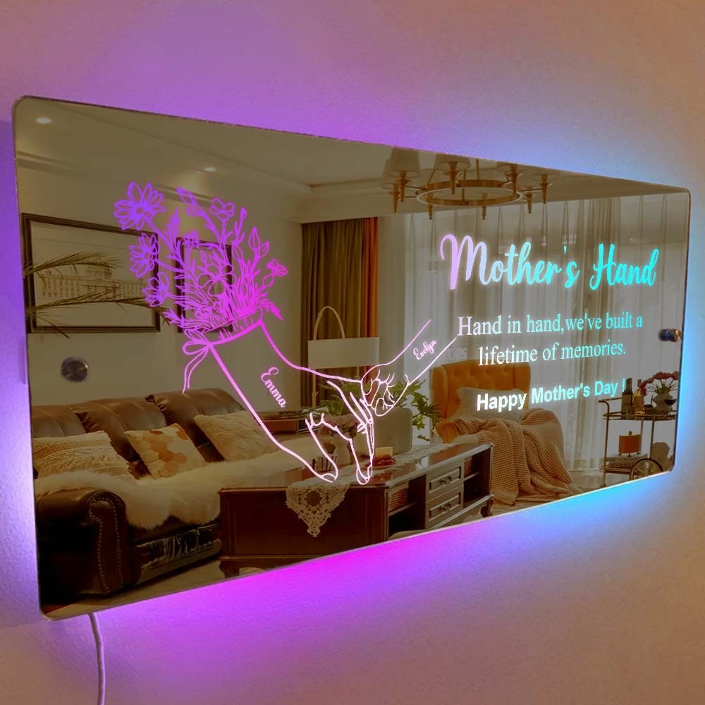 Mother's Day Gift Hand In Hand Personalized Mom And Kids Personalized Mirror Light Gift For Mom