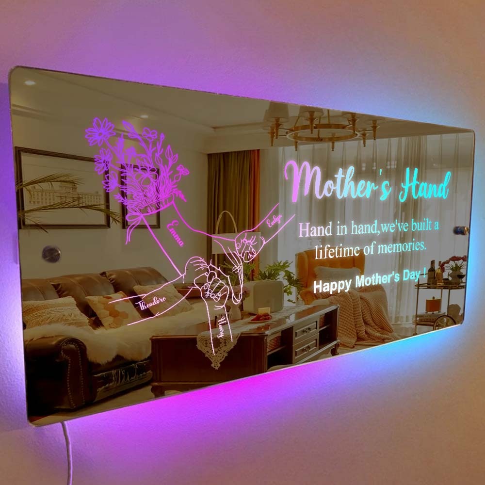 Mother's Day Gift Hand In Hand Personalized Mom And Kids Personalized Mirror Light Gift For Mom