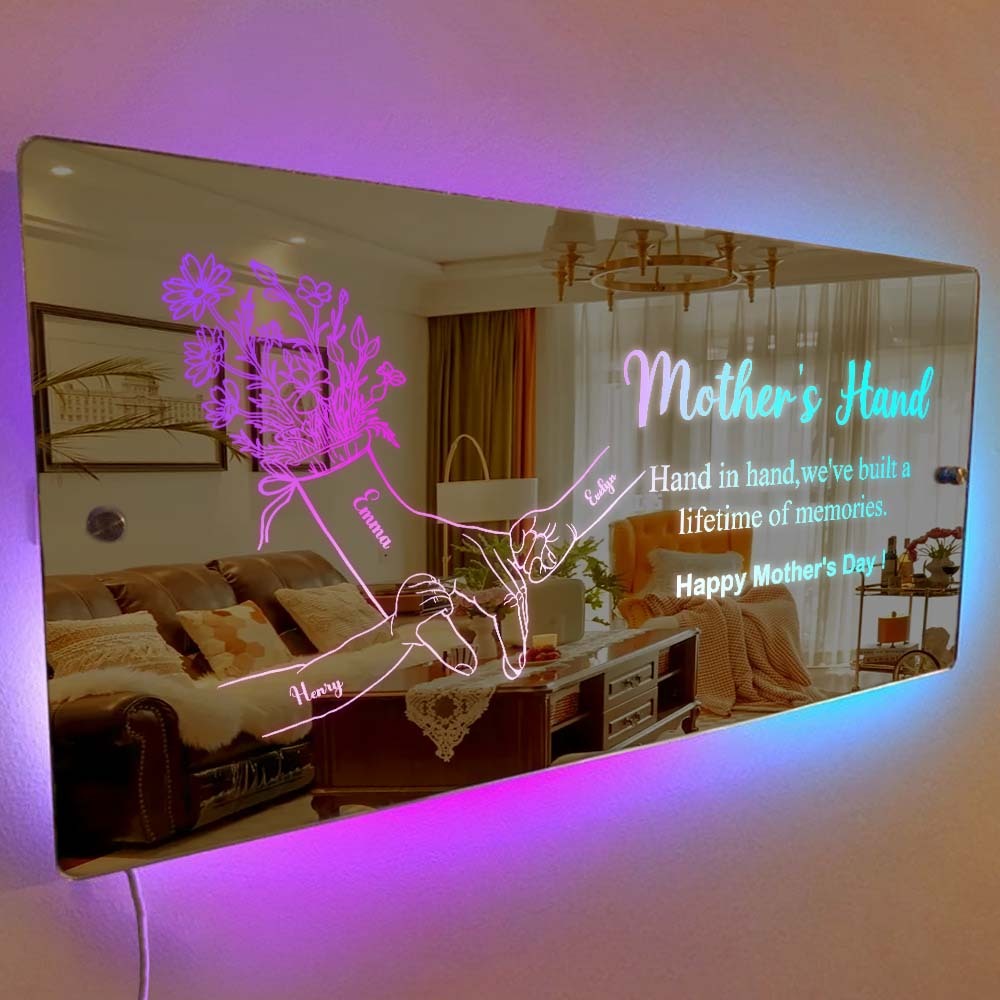 Mother's Day Gift Hand In Hand Personalized Mom And Kids Personalized Mirror Light Gift For Mom