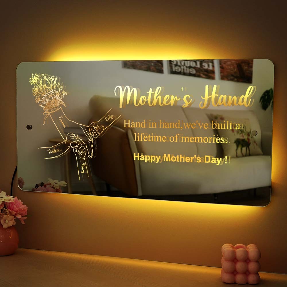 Mother's Day Gift Hand In Hand Personalized Mom And Kids Personalized Mirror Light Gift For Mom