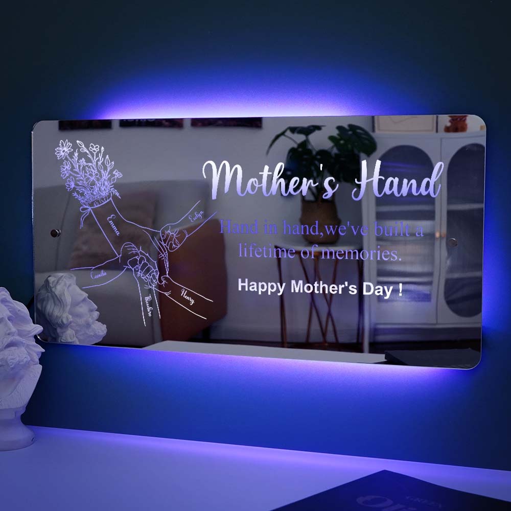 Mother's Day Gift Hand In Hand Personalized Mom And Kids Personalized Mirror Light Gift For Mom