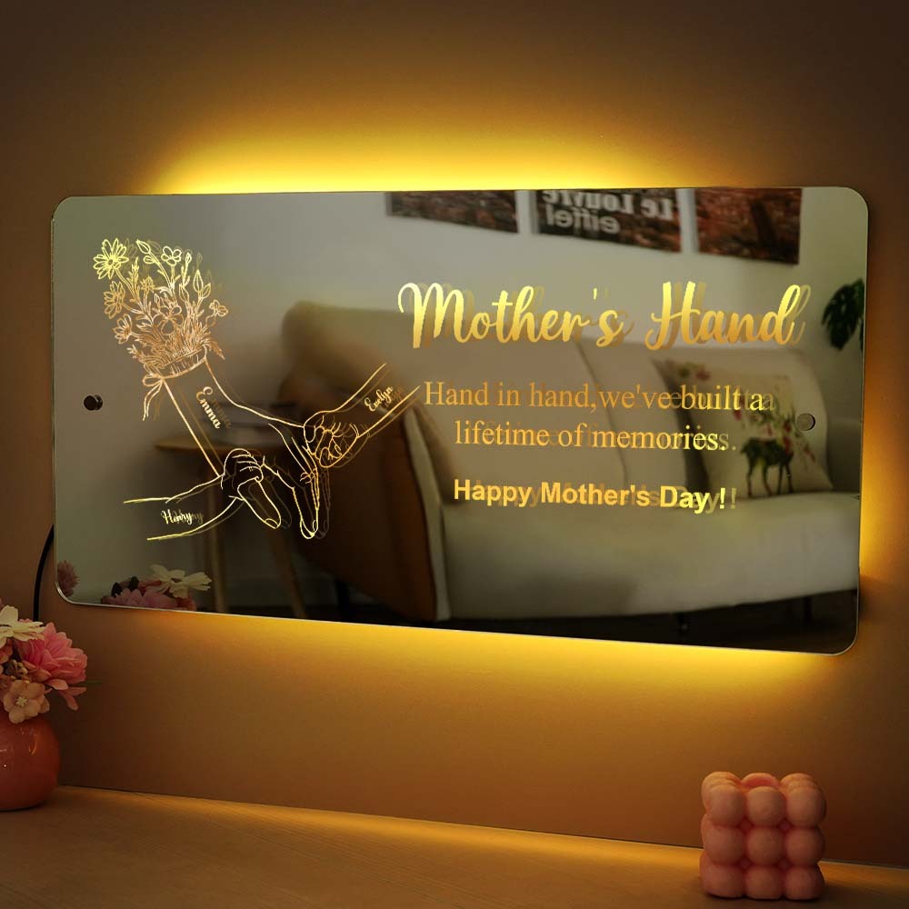 Mother's Day Gift Hand In Hand Personalized Mom And Kids Personalized Mirror Light Gift For Mom