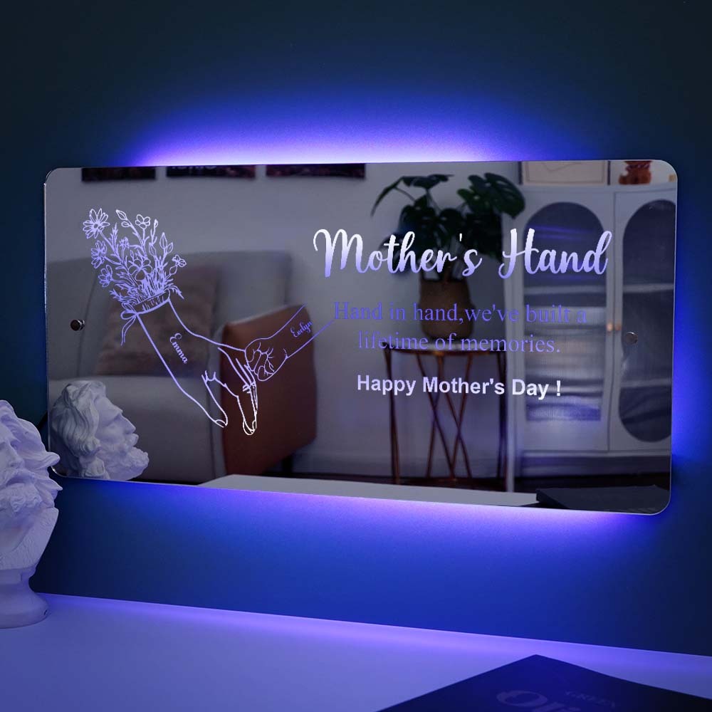 Mother's Day Gift Hand In Hand Personalized Mom And Kids Personalized Mirror Light Gift For Mom