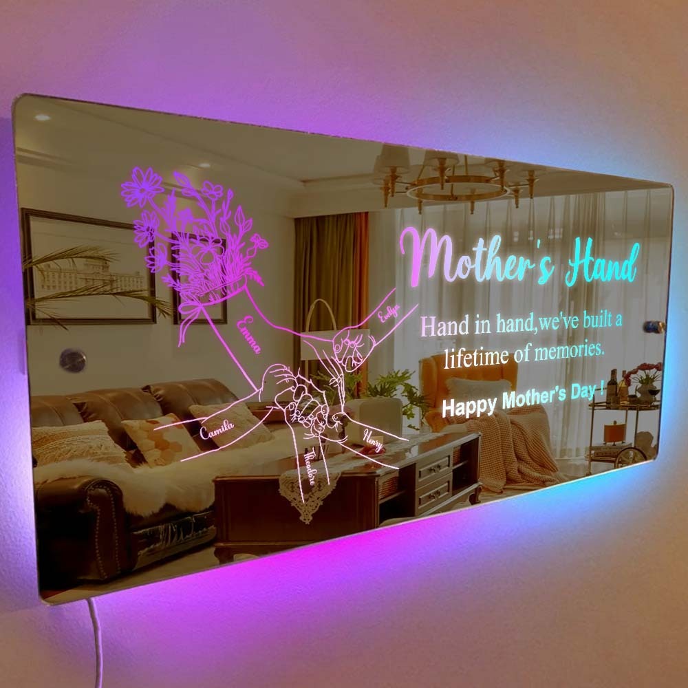 Mother's Day Gift Hand In Hand Personalized Mom And Kids Personalized Mirror Light Gift For Mom