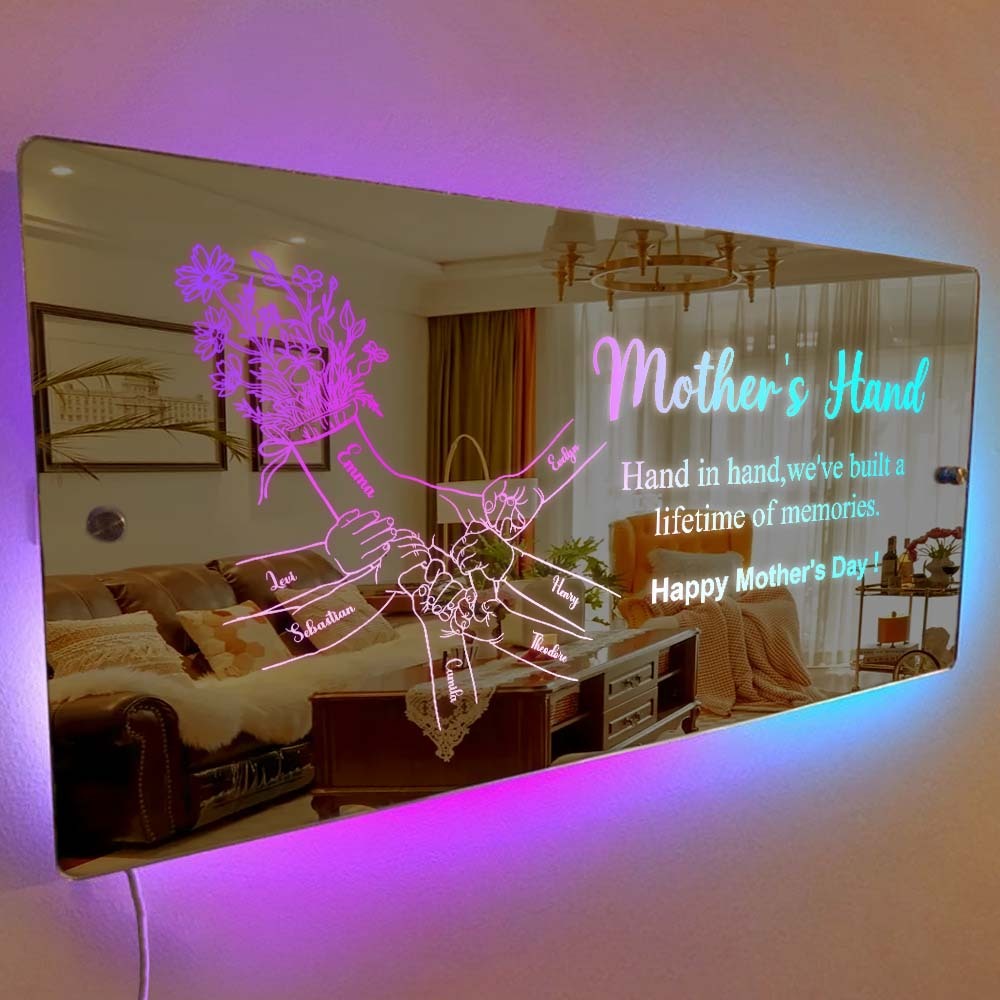 Mother's Day Gift Hand In Hand Personalized Mom And Kids Personalized Mirror Light Gift For Mom