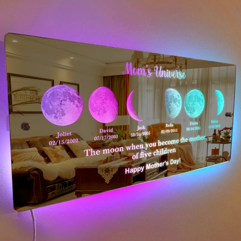 Custom Led Mirror Light Frame With Text And Date - Mom's Universe, Mother's Day Gift