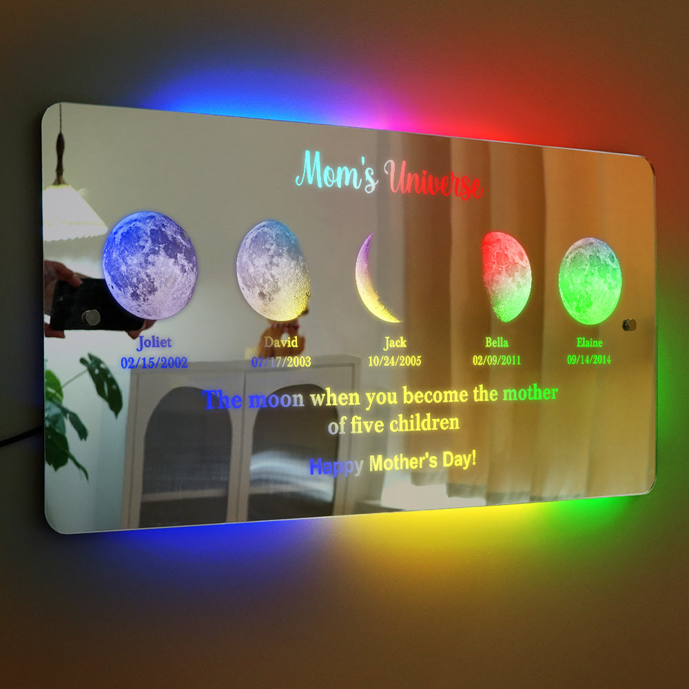 Custom Led Mirror Light Frame With Text And Date - Mom's Universe, Mother's Day Gift