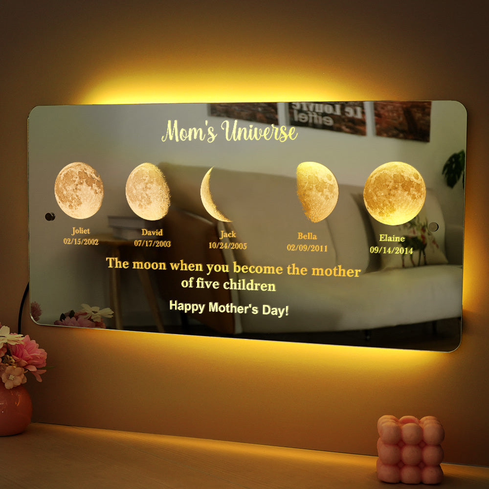 Custom Led Mirror Light Frame With Text And Date - Mom's Universe, Mother's Day Gift