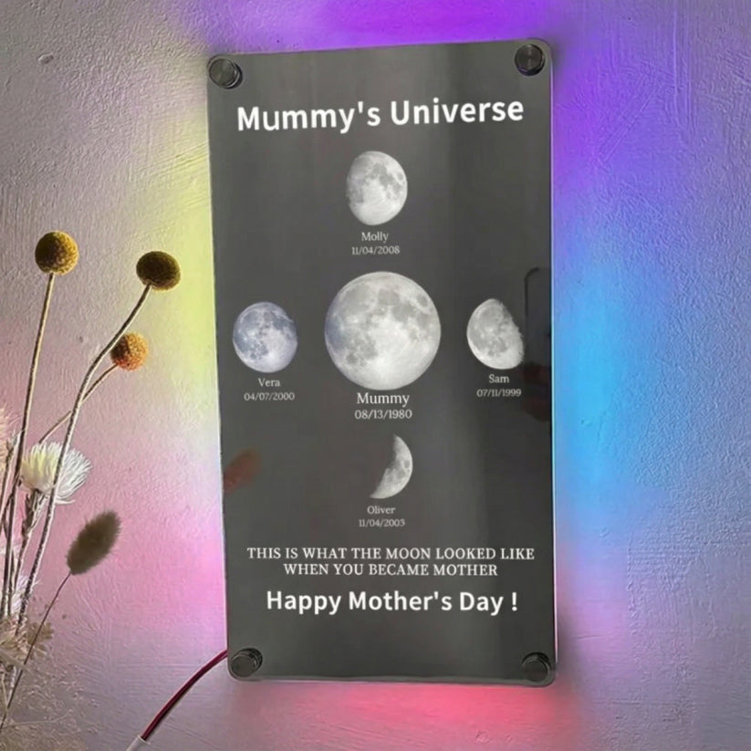 Mummy's Universe - Custom Moon Phase Mirror Light With Text & Date, Mother’S Day Gift