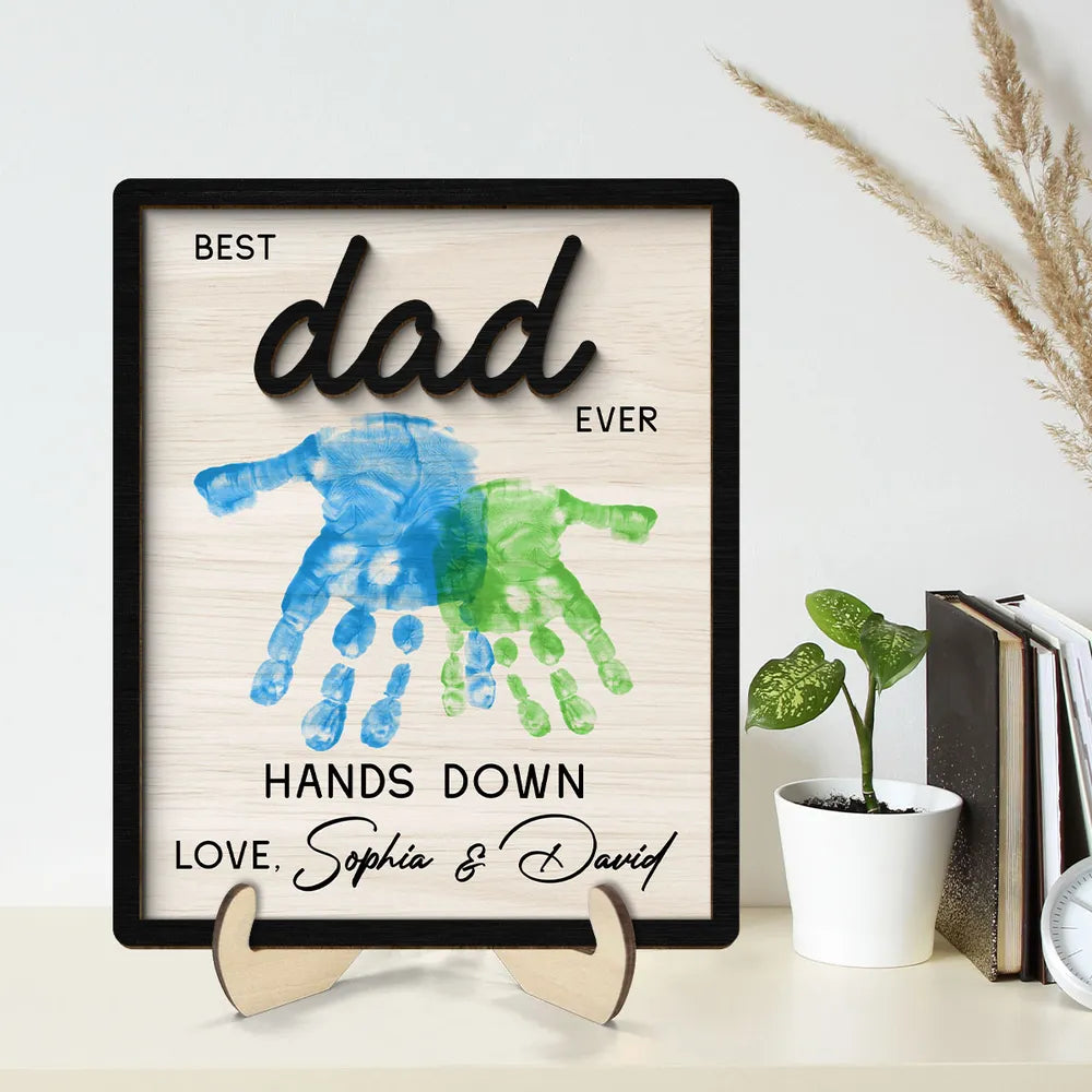Best Dad Grandpa Ever Hands Down Handprint Handmade Fathers Day Gift Personalized 2-Layer Wooden Plaque