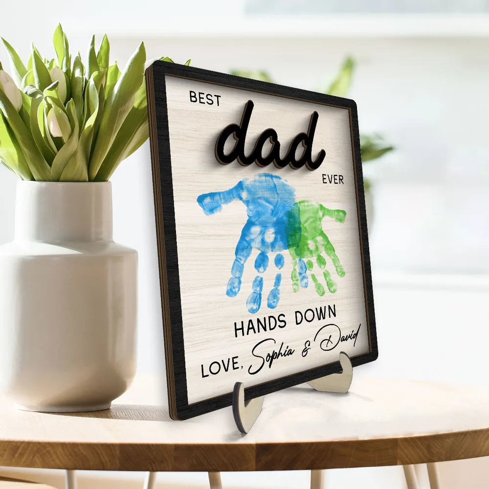 Best Dad Grandpa Ever Hands Down Handprint Handmade Fathers Day Gift Personalized 2-Layer Wooden Plaque