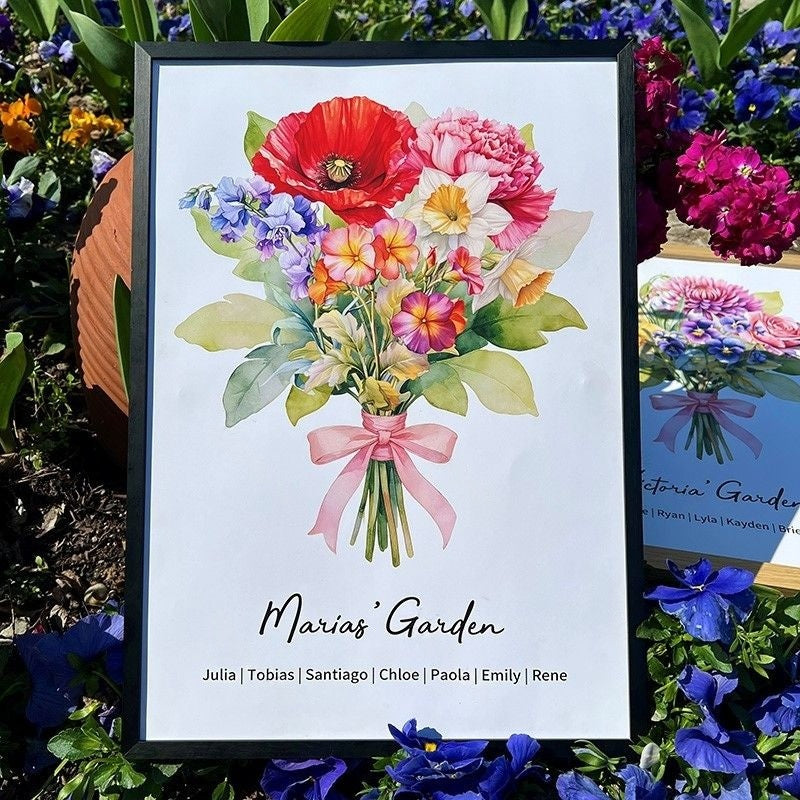 Birth Flower Family Bouquet Custom Names Frame