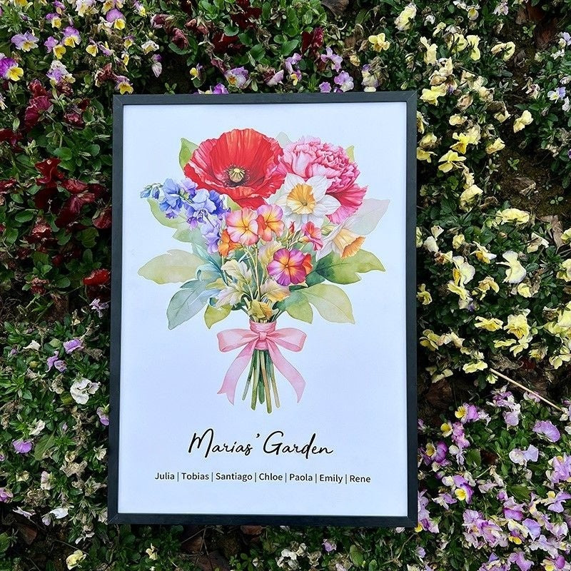 Birth Flower Family Bouquet Custom Names Frame