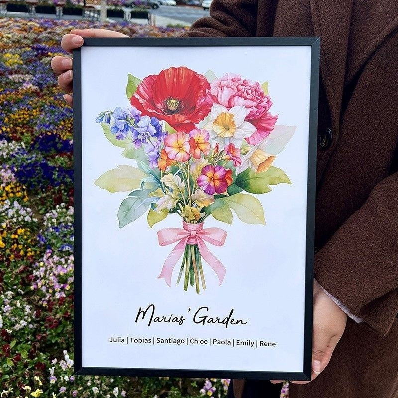 Birth Flower Family Bouquet Custom Names Frame