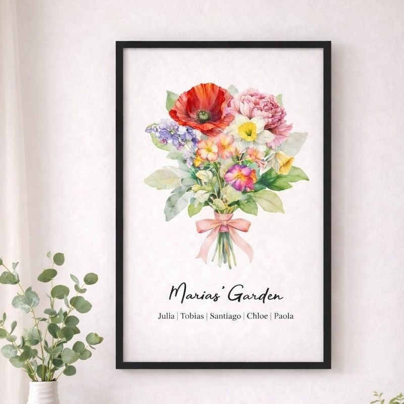 Birth Flower Family Bouquet Custom Names Frame