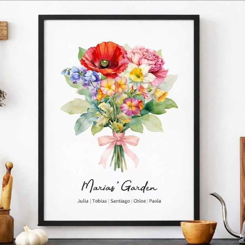 Birth Flower Family Bouquet Custom Names Frame