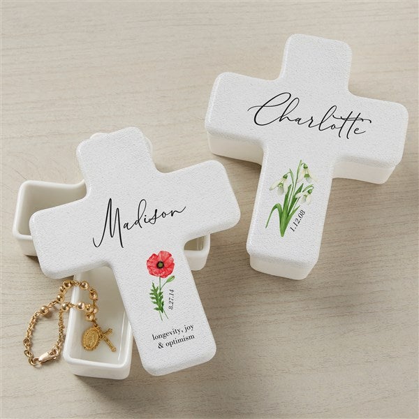 Birth Month Flower Personalized Cross Box – Custom Name & Date
