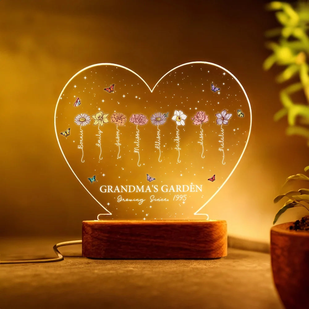 Getfamilygifts™ A Growing Love from Grandma's Garden Personalized Birth Flowers LED Night Light – Custom Mother's Day Gift for Grandma, Mom Birthday Gift