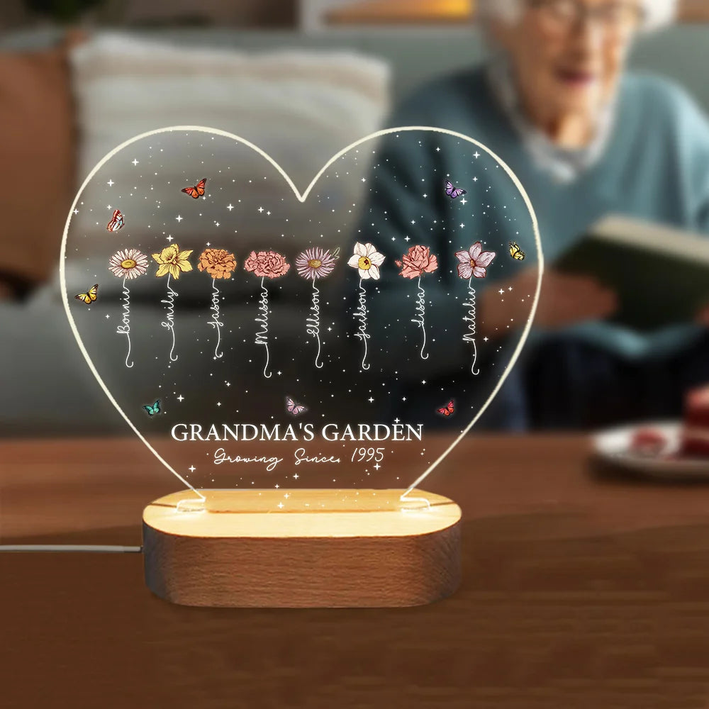 Getfamilygifts™ A Growing Love from Grandma's Garden Personalized Birth Flowers LED Night Light – Custom Mother's Day Gift for Grandma, Mom Birthday Gift