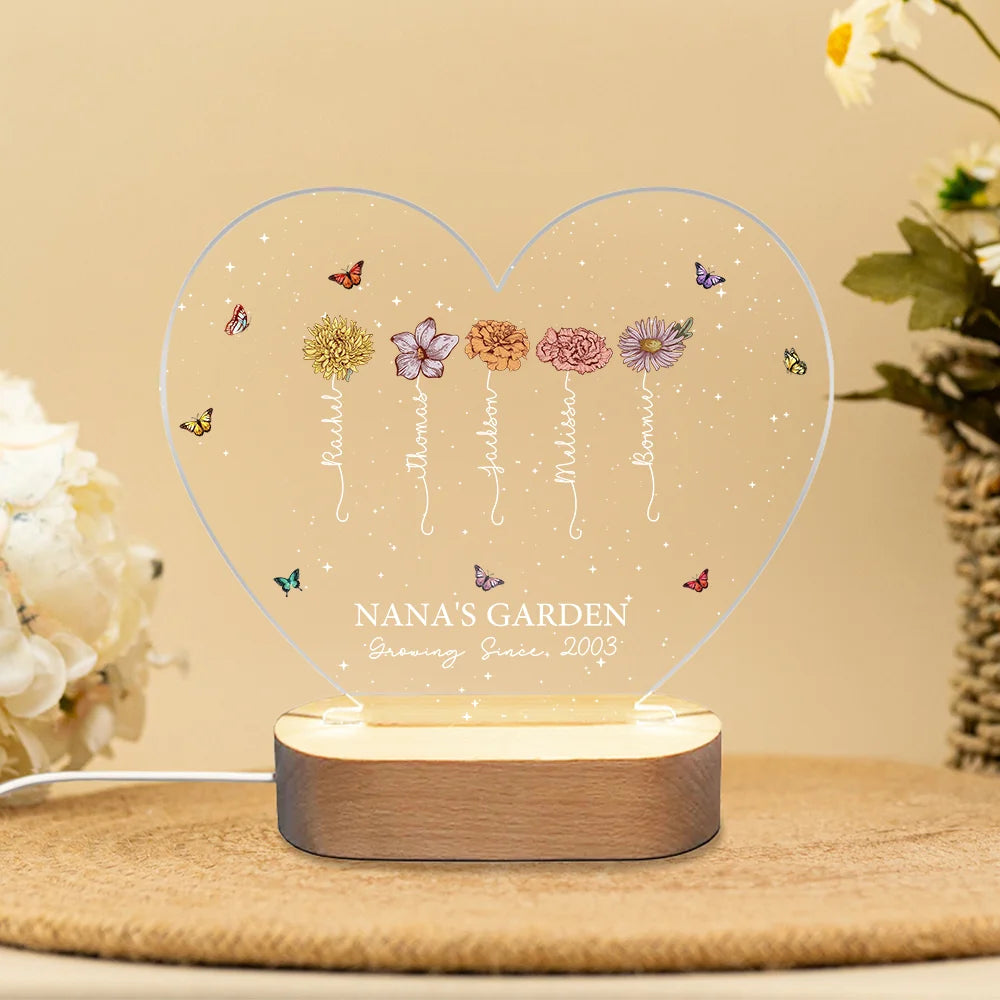 Getfamilygifts™ A Growing Love from Grandma's Garden Personalized Birth Flowers LED Night Light – Custom Mother's Day Gift for Grandma, Mom Birthday Gift