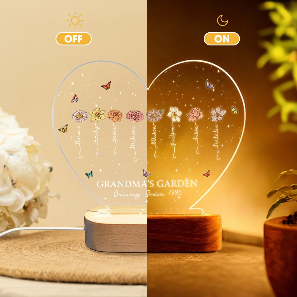 Getfamilygifts™ A Growing Love from Grandma's Garden Personalized Birth Flowers LED Night Light – Custom Mother's Day Gift for Grandma, Mom Birthday Gift