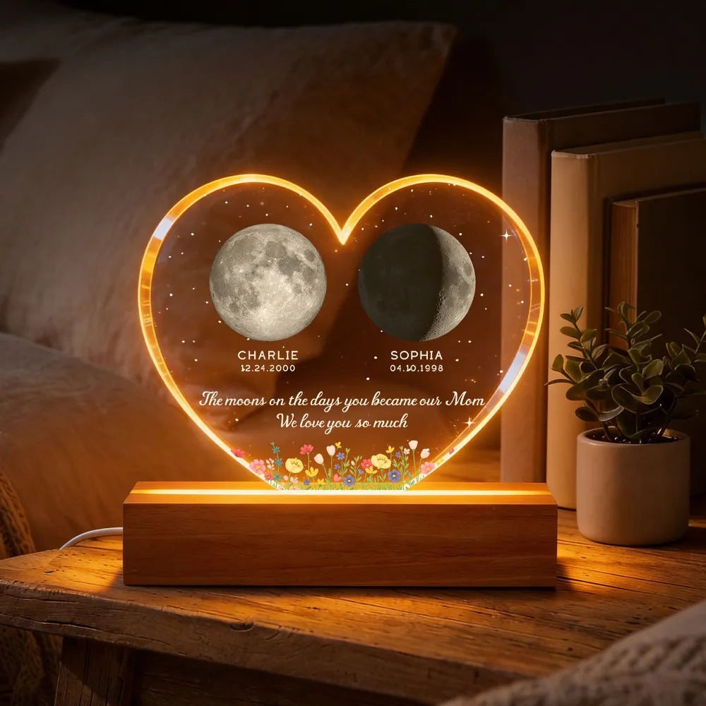 Getfamilygifts™ The Days You Became Our Mom, Custom Moon Phase by Date - Personalized Acrylic LED Night Light - Heartfelt Mother's Day Gift for Mom