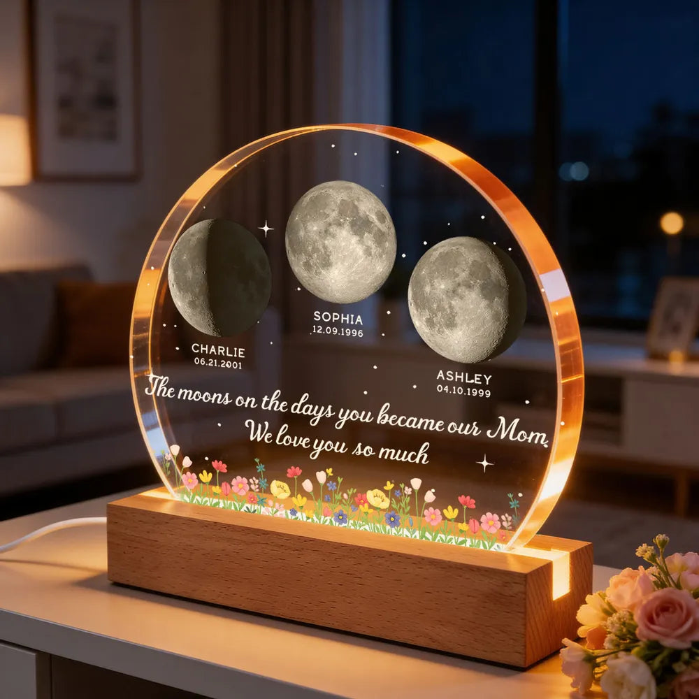 Getfamilygifts™ The Days You Became Our Mom, Custom Moon Phase by Date - Personalized Acrylic LED Night Light - Heartfelt Mother's Day Gift for Mom