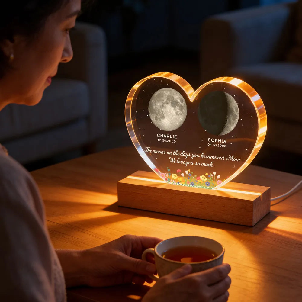 Getfamilygifts™ The Days You Became Our Mom, Custom Moon Phase by Date - Personalized Acrylic LED Night Light - Heartfelt Mother's Day Gift for Mom