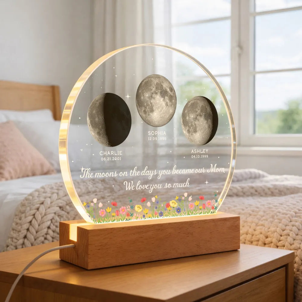 Getfamilygifts™ The Days You Became Our Mom, Custom Moon Phase by Date - Personalized Acrylic LED Night Light - Heartfelt Mother's Day Gift for Mom