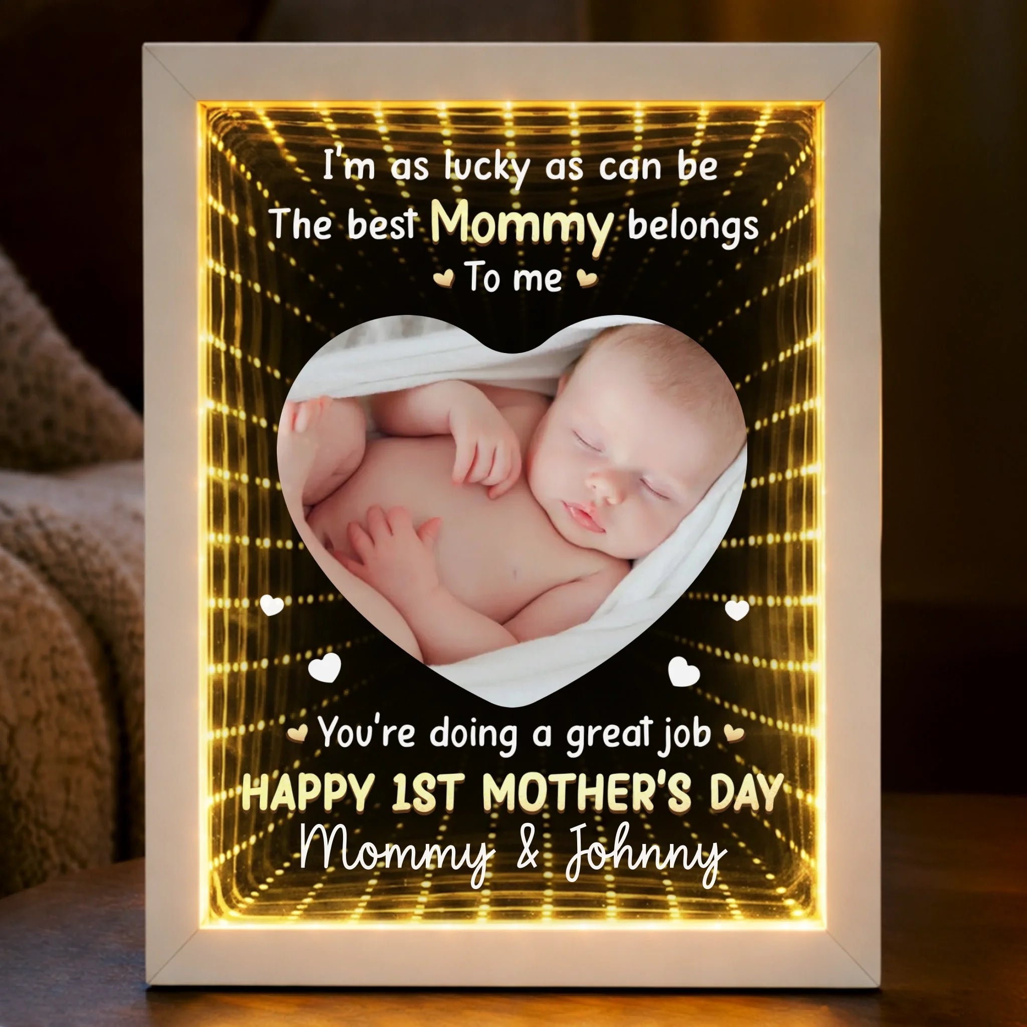 Custom Photo Infinity Mirror Light Box - Personalized Mother's Day Baby Shower, Gender Reveal Gifts For New Moms - First Mother’s Day Together