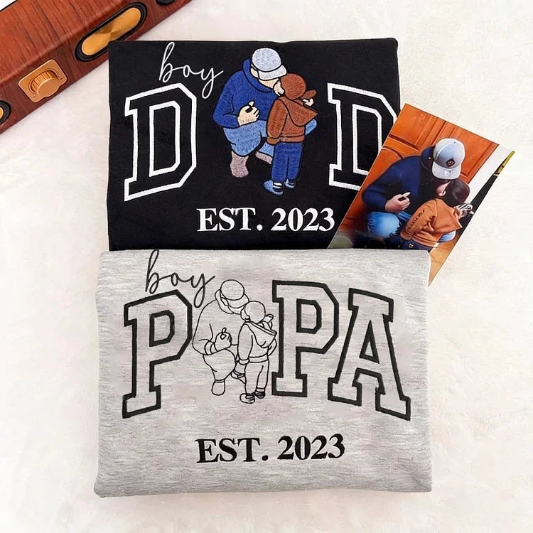 Custom Embroidered Daddy Sweatshirt with Kids Names on Sleeve for Father’s Day Personalized Portrait Sweatshirt for Parents