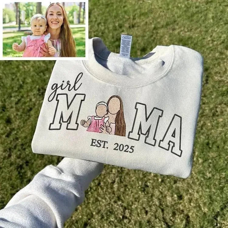 Custom Portrait Nickname Embroidered Sweatshirt for Mama with Kids Photo for Mother’s Day
