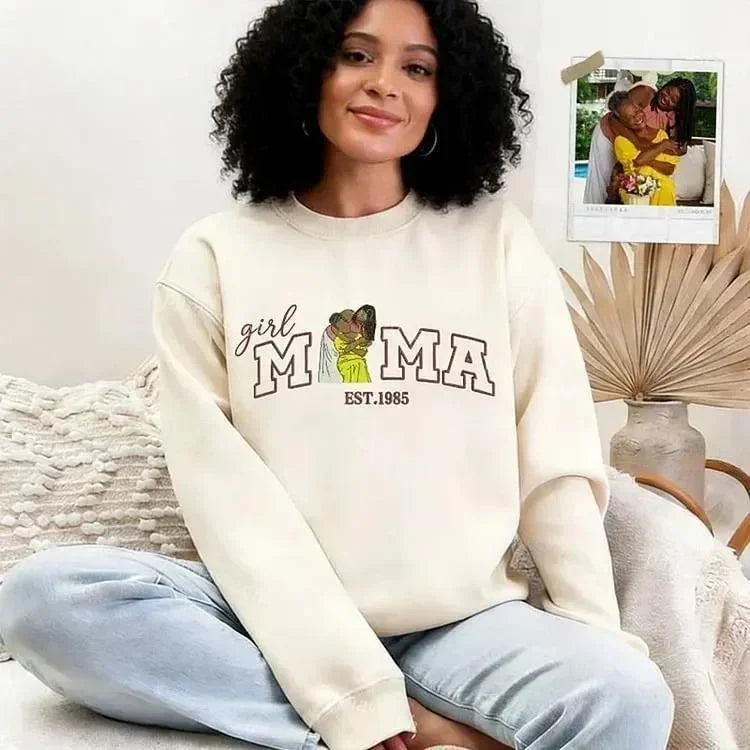 Custom Portrait Nickname Embroidered Sweatshirt for Mama with Kids Photo for Mother’s Day
