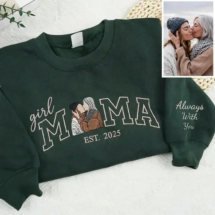 Custom Portrait Nickname Embroidered Sweatshirt for Mama with Kids Photo for Mother’s Day
