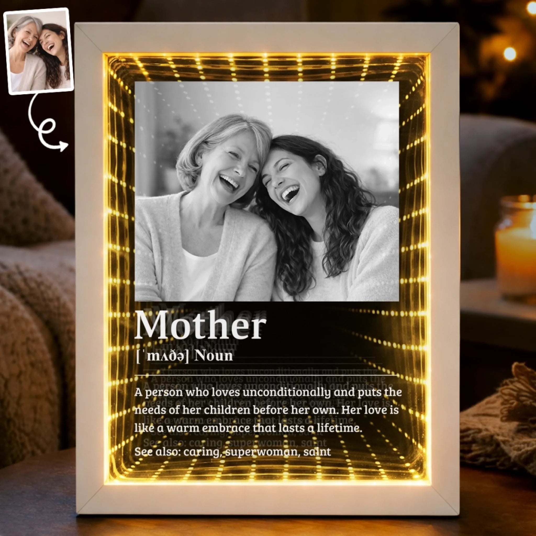 Custom Photo Infinity Mirror Light Box – Personalized Mother's Day Gift for Mom, Mom Means Everything LED Photo Light