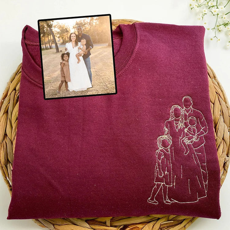 Custom Embroidered Sweatshirts & T-shirt - Personalized Outline Family Portrait From Photo