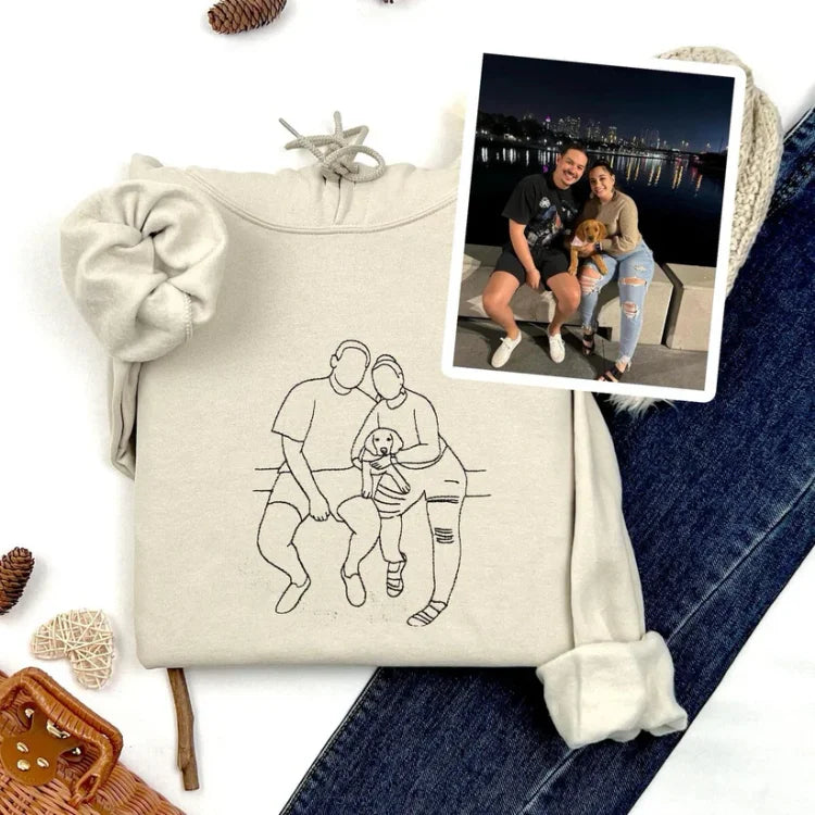 Custom Embroidered Sweatshirts & T-shirt - Personalized Outline Family Portrait From Photo