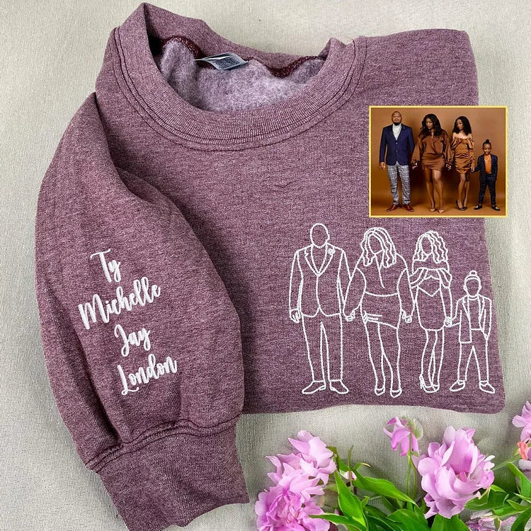 Custom Embroidered Sweatshirts & T-shirt - Personalized Outline Family Portrait From Photo