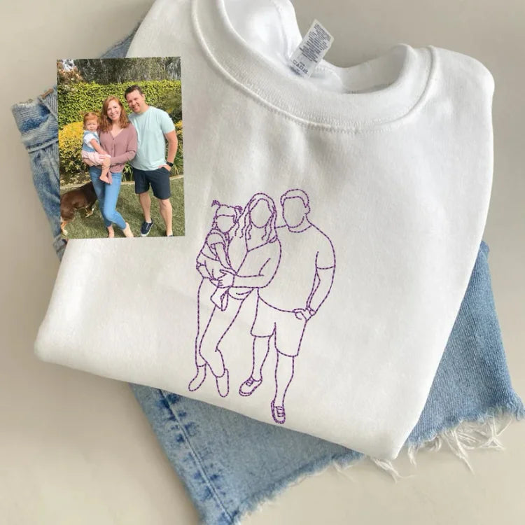 Custom Embroidered Sweatshirts & T-shirt - Personalized Outline Family Portrait From Photo