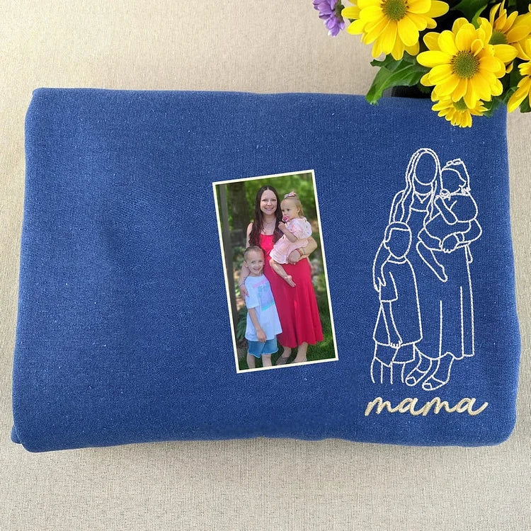 Custom Embroidered Sweatshirts & T-shirt - Personalized Outline Family Portrait From Photo