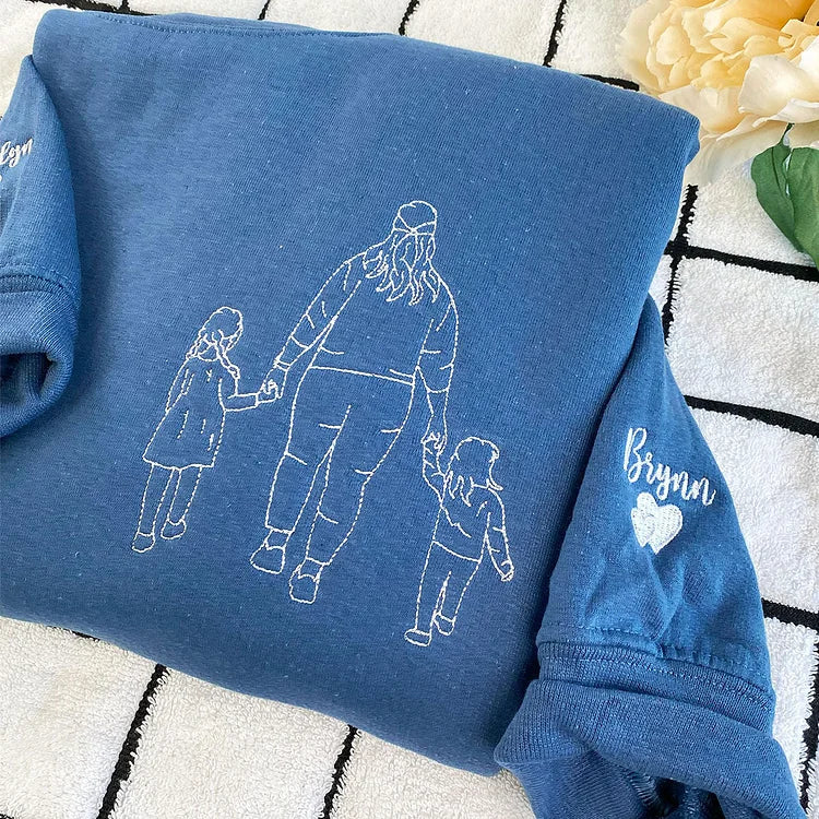 Custom Embroidered Sweatshirts & T-shirt - Personalized Outline Family Portrait From Photo