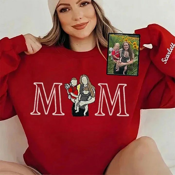 Mother’S Day Gift For Mum , Custom Embroidered T-Shirt With Kids Portrait From Photo