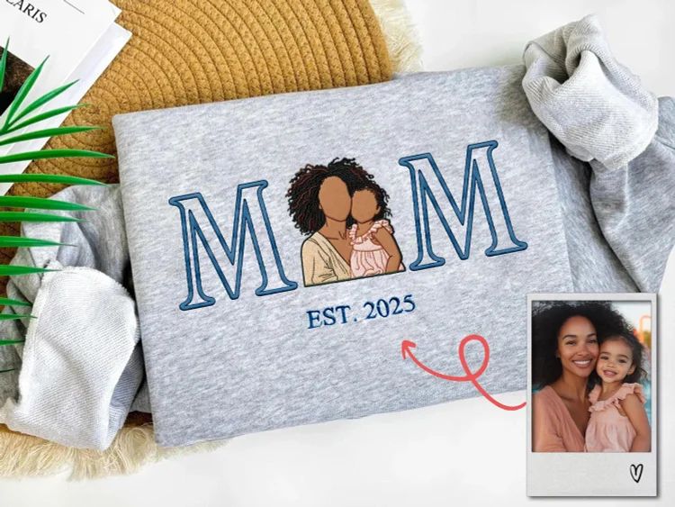 Mother’S Day Gift For Mum , Custom Embroidered T-Shirt With Kids Portrait From Photo