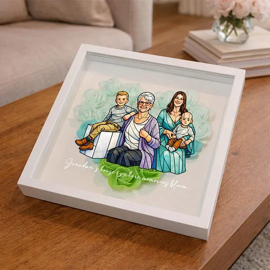 Memories Bloom Here – Personalised Flower Shadow Box with Family Portrait for Mom & Grandma