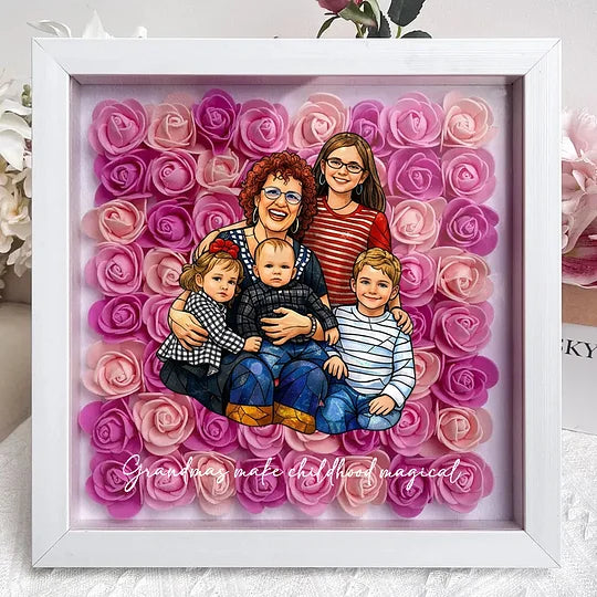 Memories Bloom Here – Personalised Flower Shadow Box with Family Portrait for Mom & Grandma