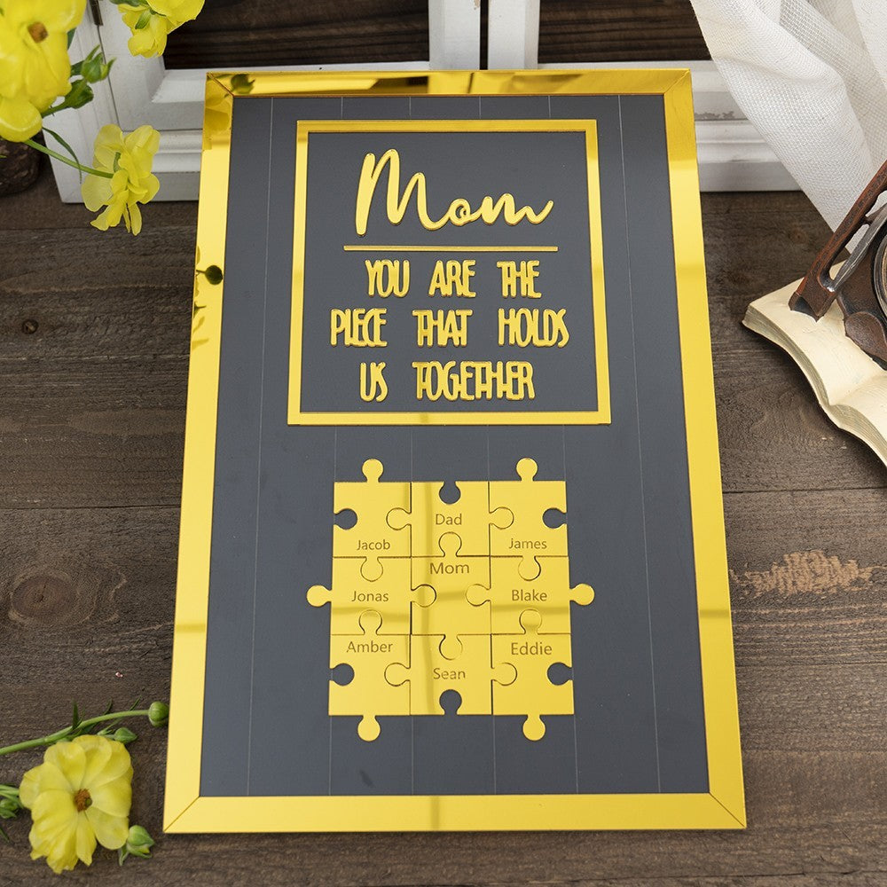 New Arrival — "Mom, You Are the Piece That Keeps Us Closely Connected" Gold Wooden Puzzle Piece